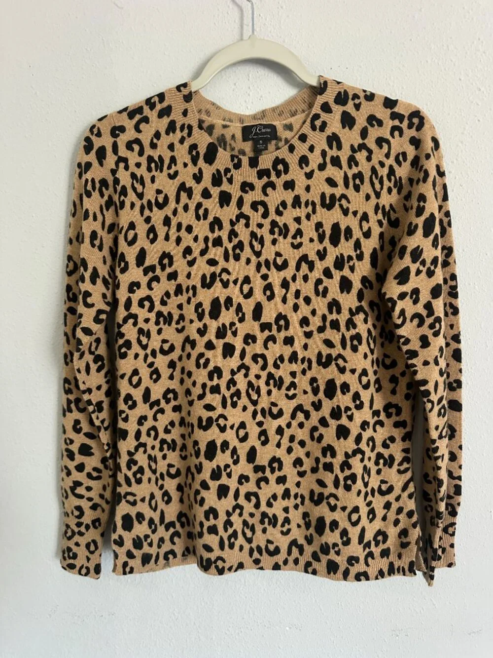 J.Crew 100% Cashmere Leopard Print Sweater Women's S Tan Black Crew Neck Luxury